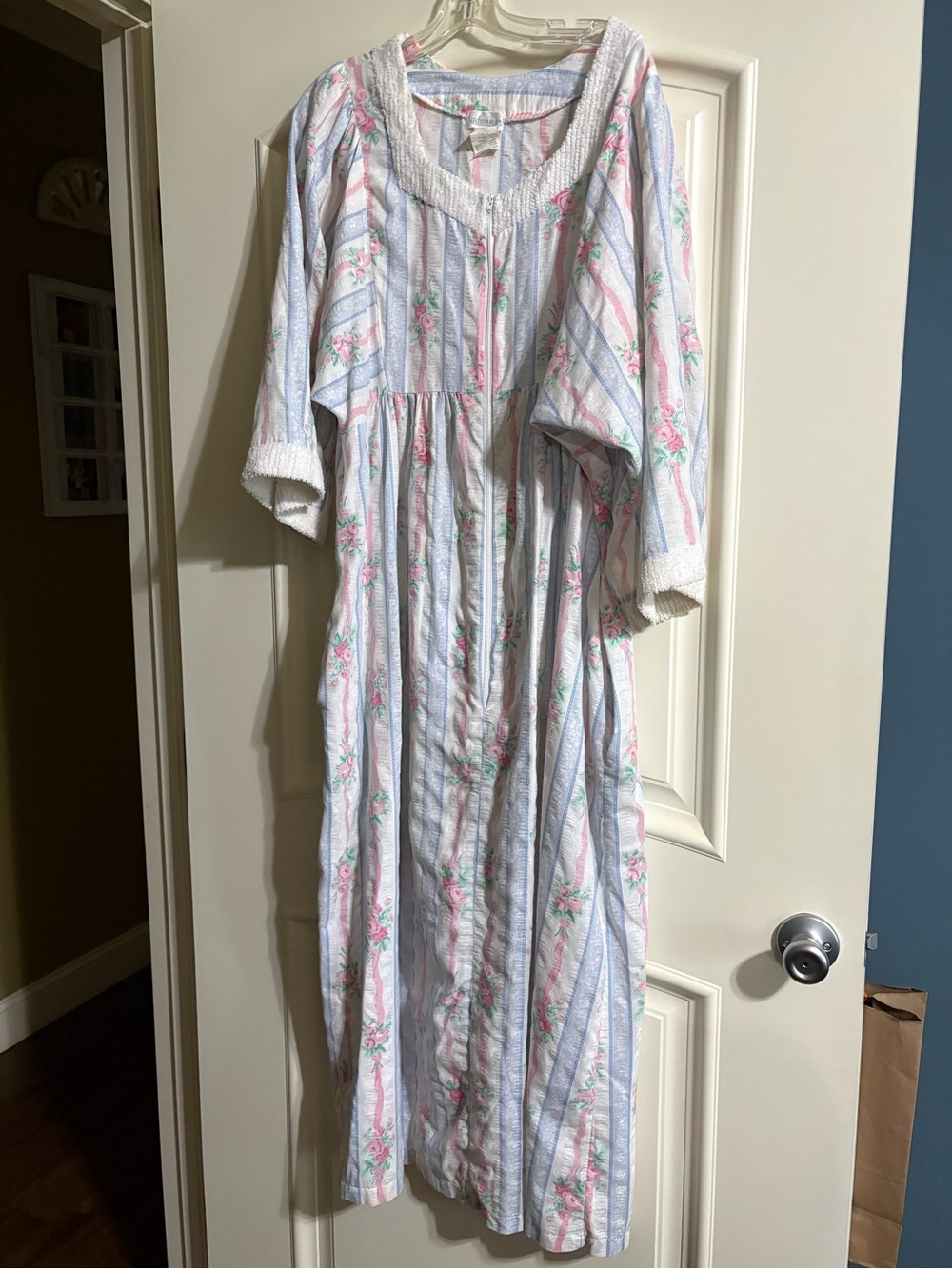 Vintage Floral Stripe Cotton Nightgown in White and Pink with Terry cloth acc